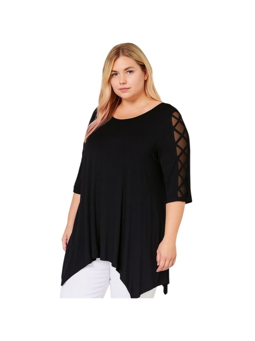 Cable & Gauge Woman 2X Black Mesh & Lattice Sleeve Tunic Top